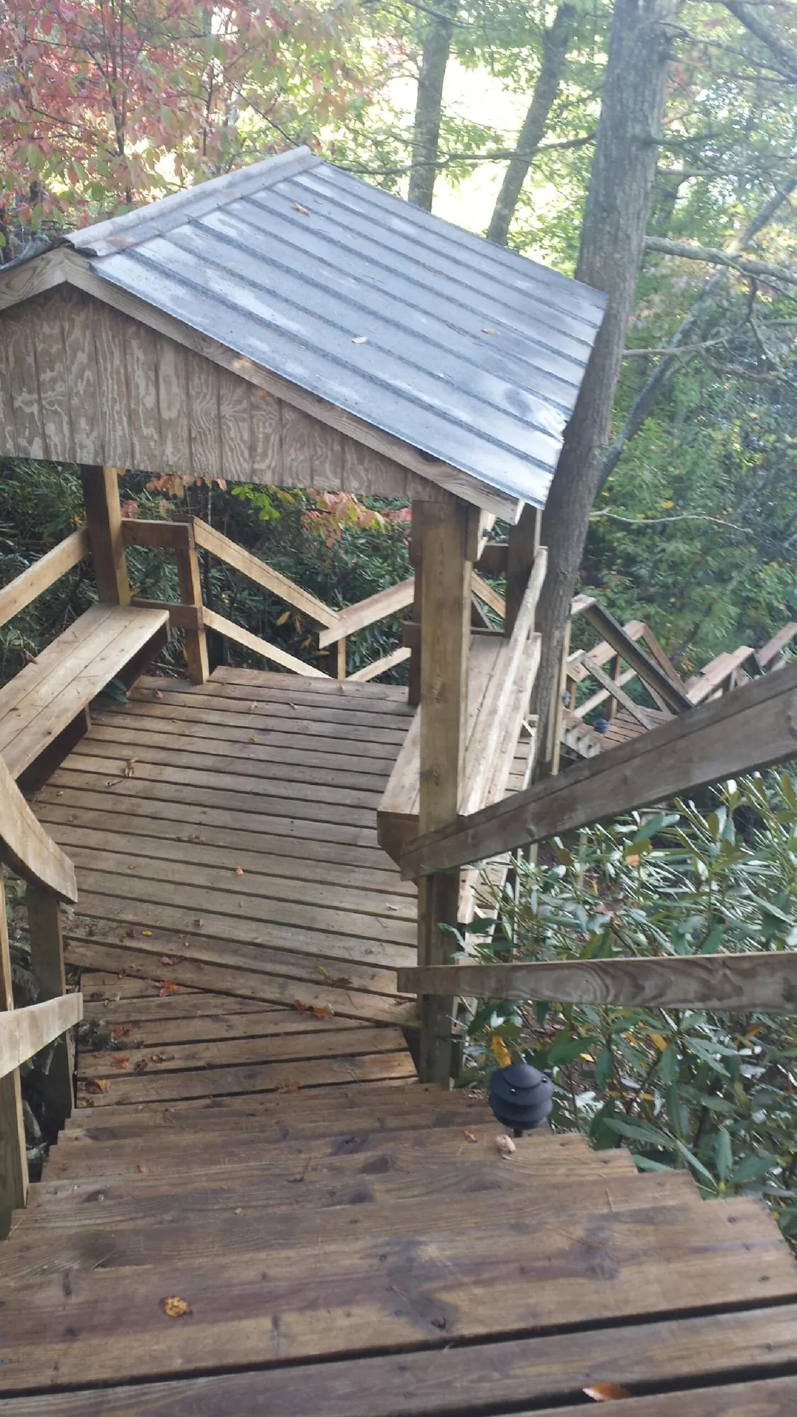 Metal roofed shelter over wooden steps on a wooded walkway — Skylight Repair & Installation work by our crew in Cana